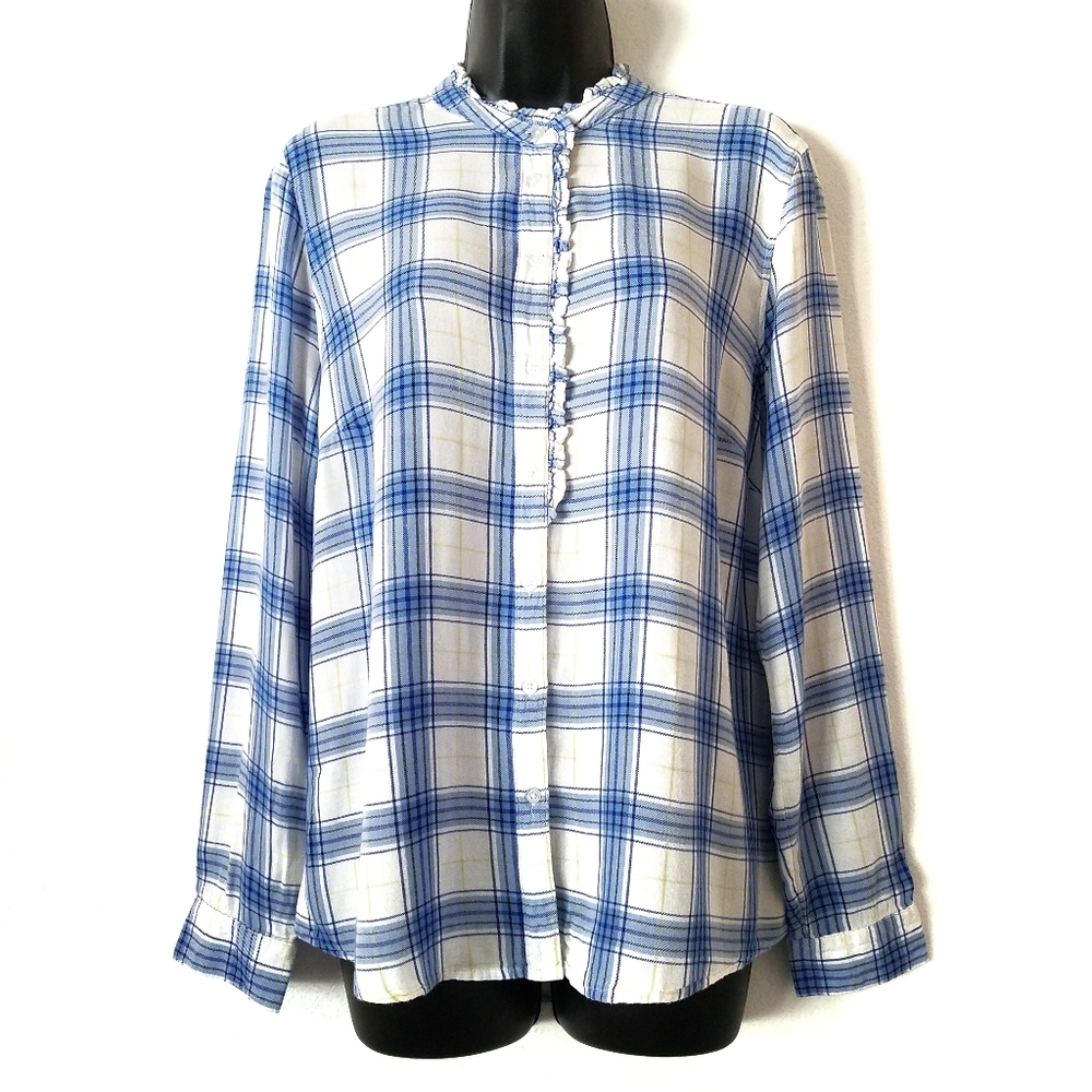 Maison Jules Blue Plaid Button Up Shirt Mock Neck Modest Prairie